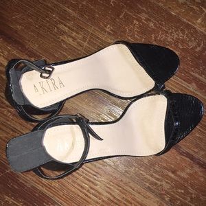 AKIRA Black Snakeskin Strappy Heels